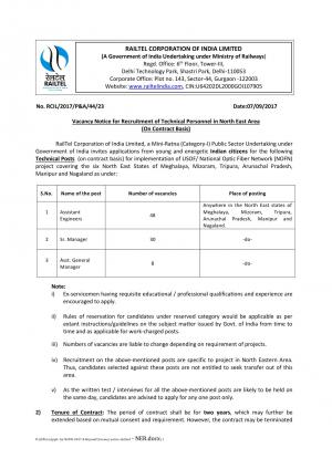 Railtel Recruitment 2017 for 86 Asst Engineer, Sr. Manager and Assistant General Manager Posts 