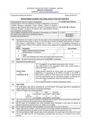 Integral Coach Factory Recruitment 2017 for 02 Posts Against Cultural Quota 