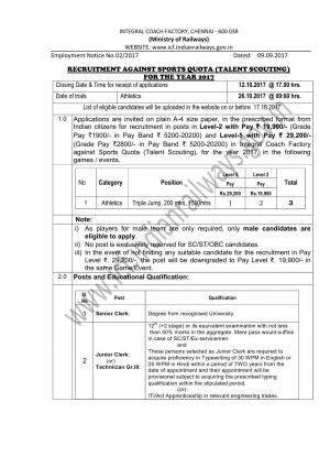 Integral Coach Factory (ICF), Chennai for 2017 03 Posts Against Sports Quota 