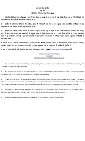 UPSC announced reserve list of Combined Medical Services Exam 2012
