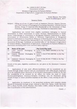 Ministry of Agriculture & Farmers Welfare Recruitment 2017 for 3 Director Posts