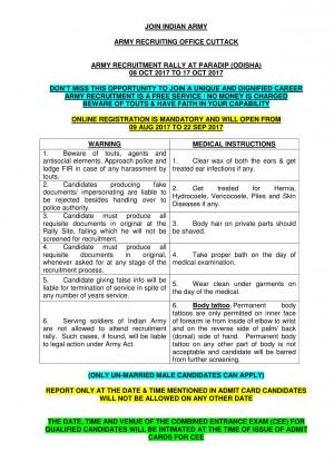 Indian Army Recruitment Rally 2017, Apply for Paradip for SGD & Other Posts 