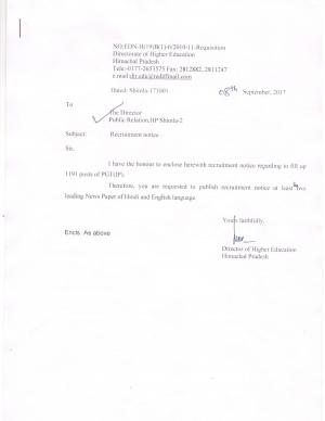 Directorate of Higher Education, HP Recruitment 2017 for 1191 Post Graduate Teachers Posts 