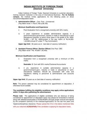 IIFT Recruitment 2017 for 02 Administrative Officer & Assistant Finance Officer Posts