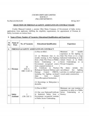 Cochin Shipyard Limited Recruitment 2017 for 30 Fireman & Safety Assistant Posts 