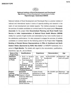 NIRDPR Recruitment 2017, Vacancies for Project Training Manager, Project Assistant and RA Posts