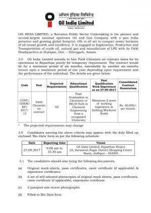 OIL Recruitment 2017 for 02 Field Chemist Posts 