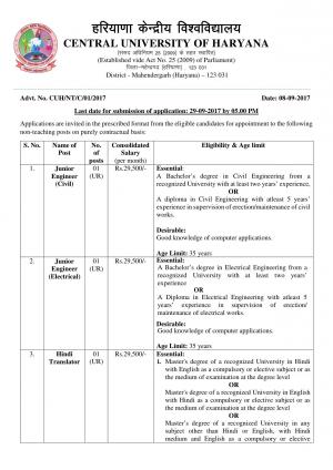 Central University Haryana Recruitment 2017, Vacancies for Junior Eng and Hindi Translator Posts 