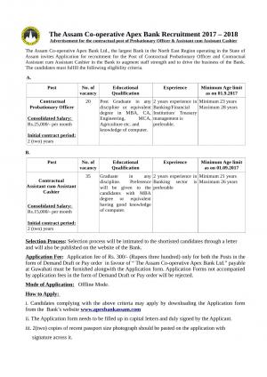 Assam Cooperative Apex Bank Recruitment 2017 for 55 Contractual Assistant & Other Posts 