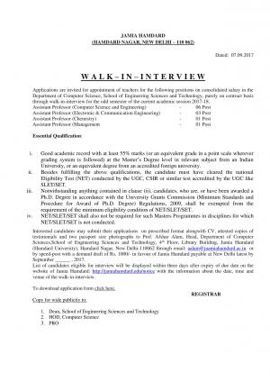 Walk in for 11 Assistant Professor Vacancies at Jamia Hamdard  