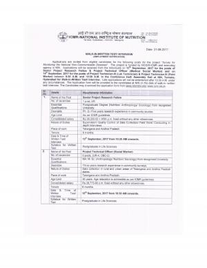 ICMR National Institute of Nutrition Recruitment 2017, Vacancies for SRF and Other Posts 