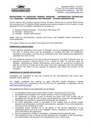 CanFin Homes Recruitment 2017, Vacancies for AGM (IT), and Manager (Network and Other) Posts