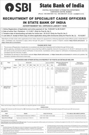 SBI SO Recruitment 2017, Apply 41 Deputy Manager (Law) and Deputy General Manager (Law) Post