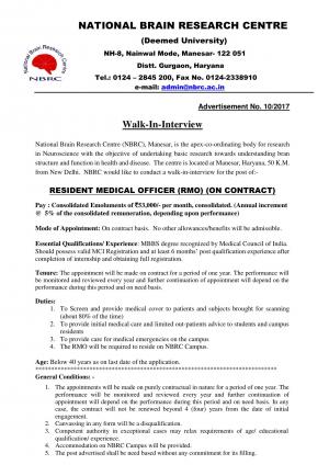 NBRC Recruitment 2017, Join Research in Neuroscience as Resident Medical Officer 