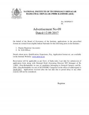 NIT, Srinagar Recruitment 2017 for 2 Deputy Registrar and Senior SAS Officer Posts