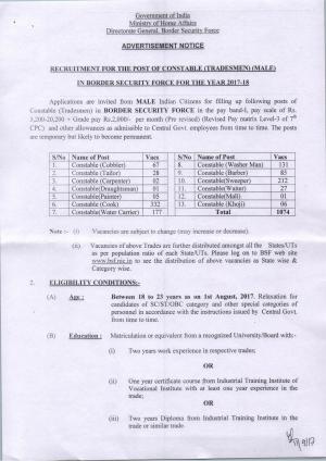 BSF Recruitment 2017: 1074 Vacancies for Constables; 10th pass can apply