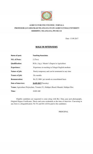 PJTSAU Recruitment 2017 for 02 Teaching Associate Posts