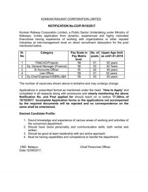 Konkan Railway Recruitment 2017 for 10 Dy. General Manager and Other Posts