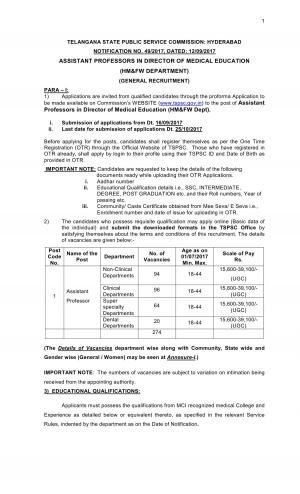 TSPSC, Hyderabad Recruitment 2017 for 274 Assistant Professor Posts 
