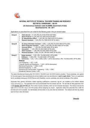 NITTTR Recruitment 2017, 32 Vacancies for Technician, Translator, Accountant and Other