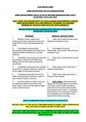 Join Indian Army, Recruitment Rally 2017 for SGD & Others at Barrackpore Cantt