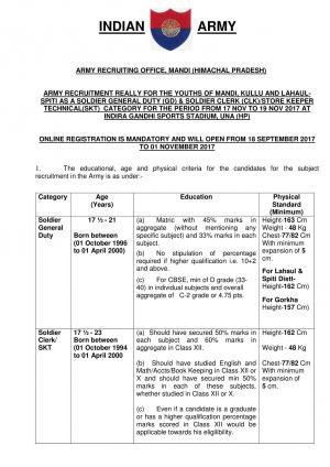 Indian Army Recruitment Rally 2017 at Mandi (Himachal Pradesh) for SGD & Soldier Clerk Post