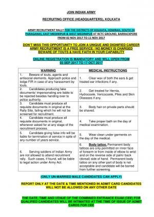 Apply for Indian Army Recruitment Rally 2017 at Kolkata for SGD & Other Posts