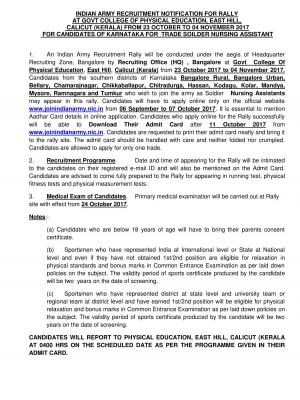 Indian Army Recruitment Rally 2017, Apply for Soldier Nursing Assistant Posts at Kerala