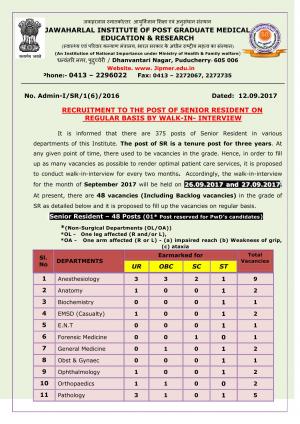 JIPMER Recruitment 2017 for 48 Senior Resident Posts