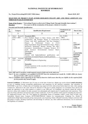 National Institute of Hydrology, Roorkee Recruitment 2017, Apply for JRF and Field Assistant Posts