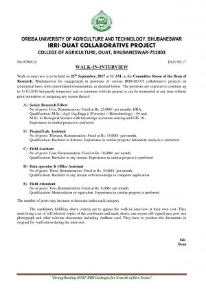 OUAT Recruitment 2017 for 5 Senior Research Fellow and Other Posts