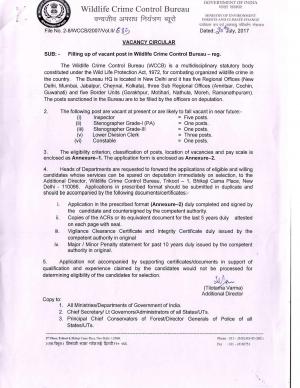 Wildlife Crime Control Bureau Recruitment 2017 for 11 Inspector & Other Posts
