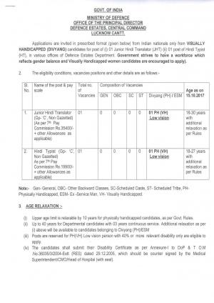 Ministry of Defence Recruitment 2017 for 2 Junior Hindi Translator & Hindi Typist Posts