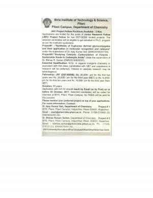 BITS Pilani Recruitment 2017, Apply for Junior Research Fellow/Project Assistant Posts