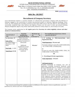 IRCON Recruitment 2017, Vacancy for Post of Company Secretary, Apply by 23 September