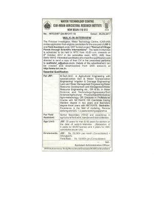 ICAR IARI Recruitment 2017, Apply for JRF, SRF and Field Assistant Posts