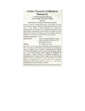 ICMR Recruitment 2017, Vacancies for Library and Informatics Science Apprentice Post