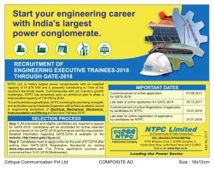 NTPC Engineering Executive Trainee Recruitment through GATE 2018, Last date of Application is 5 Oct