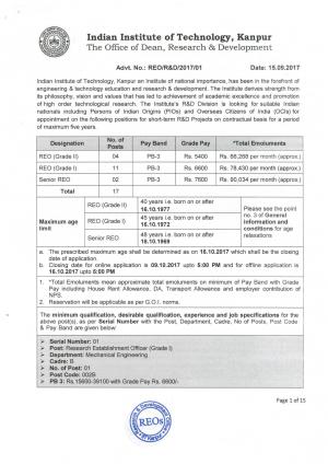 IIT, Kanpur Recruitment 2017 for 17 REO and Senior REO Posts