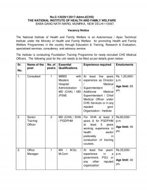NIHFW Recruitment 2017 for 4 Senior Training Officer and Other Posts 
