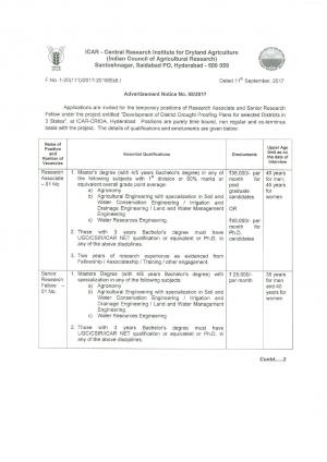 ICAR-CRIDA Recruitment 2017 for 2 RA & SRF Posts