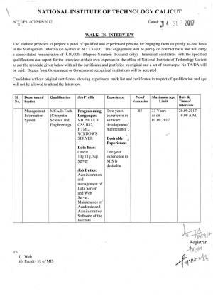 NIT Calicut Recruitment 2017 for 3 Management Information System Posts 