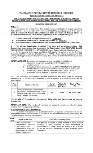 Telangana State PSC Recruitment 2017 for 68 Child Development Project Officer Posts