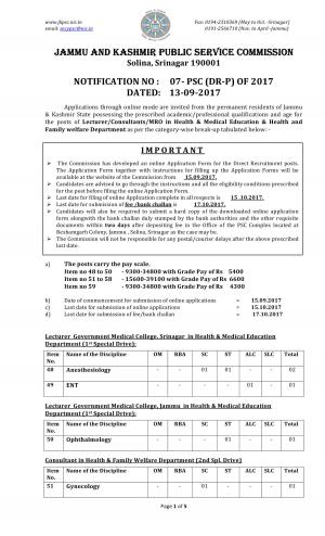 JKPSC Recruitment 2017 for Lecturer, Consultants and MRO Posts 