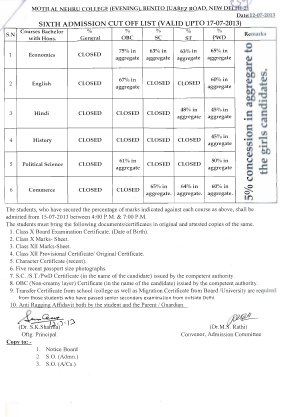 Motilal Nehru college (Evening) Sixth Cut-off