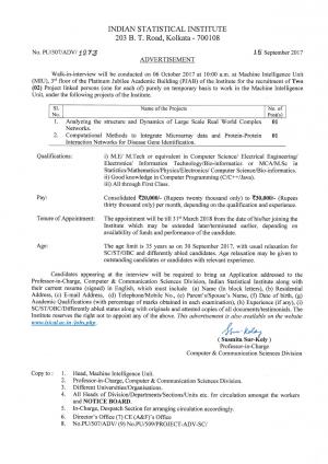 Indian Statistical Institute Recruitment 2017 for 02 Project linked Persons Post