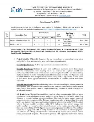TIFR Recruitment 2017 for 02 Project Scientific Officer / Project Clerk Post 