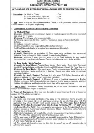 Sainik School, Kodagu Recruitment 2017, Apply for Medical Officer and Other Posts