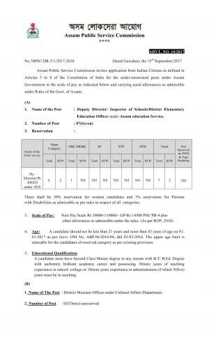 Assam PSC Recruitment 2017, 10 Vacancies for School Inspector, DEEO and Other Posts  