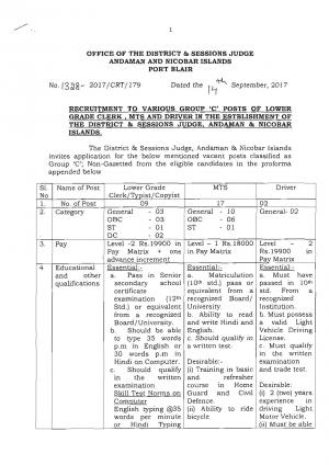 District and Session Judge, Port Blair Recruitment 2017 for 28 Clerk, MTS and Driver Posts 